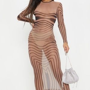 Brown Patterned Mesh Midi Dress